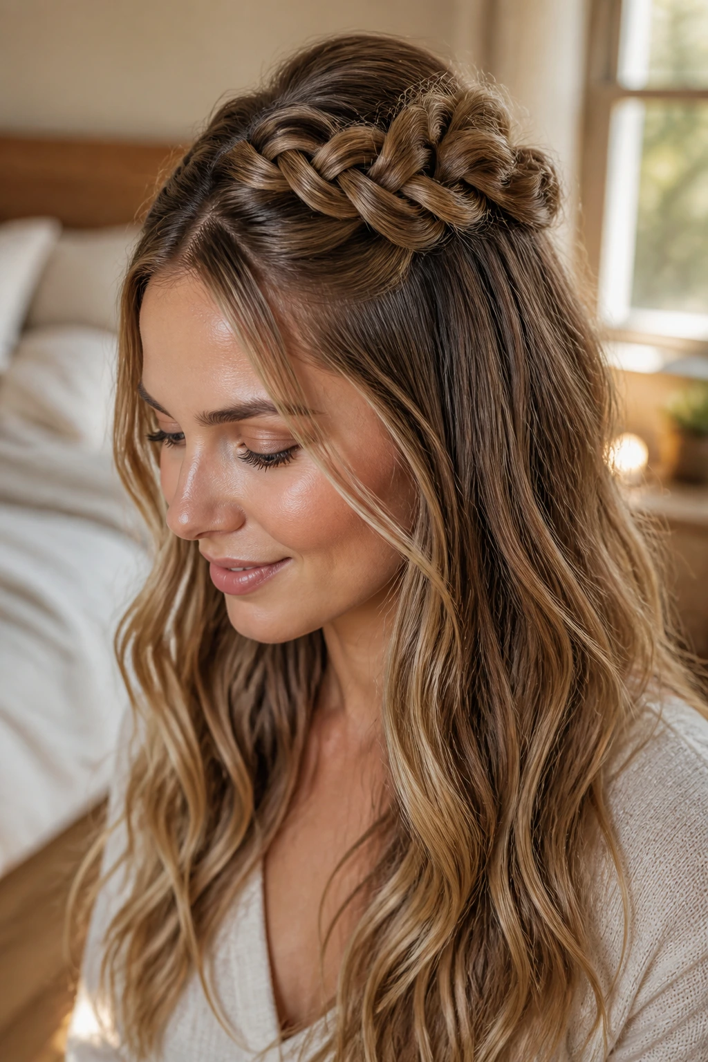 Close-up portrait of a real woman with a knotted braid half-up hairstyle