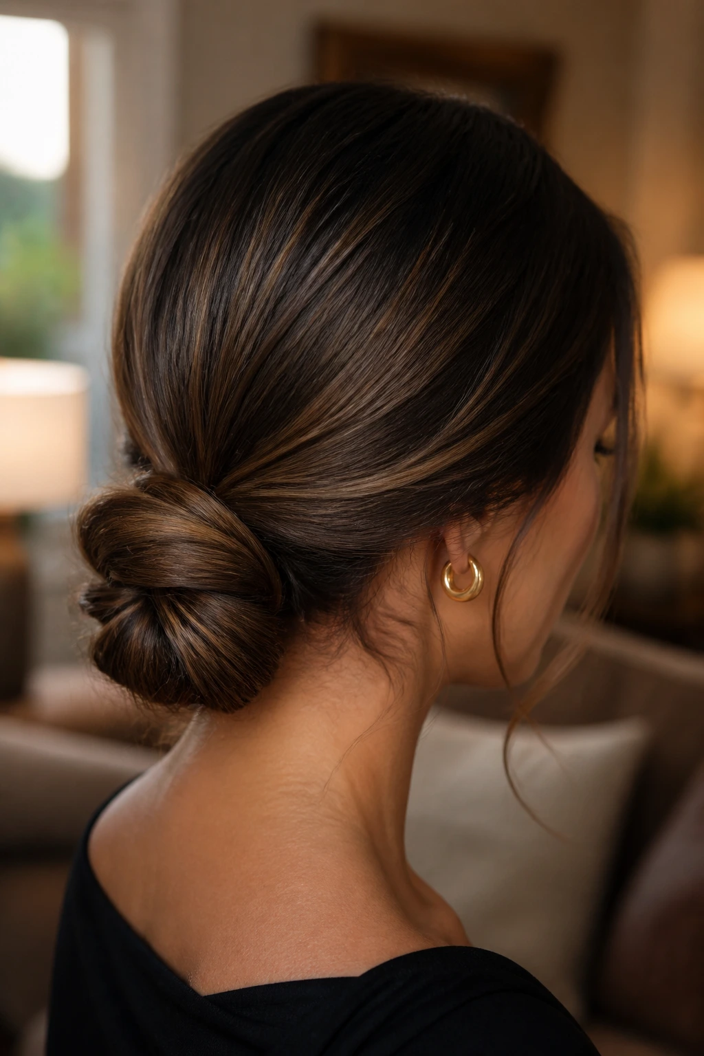 Real woman with a knotted low bun creating a structured yet soft silhouette.
