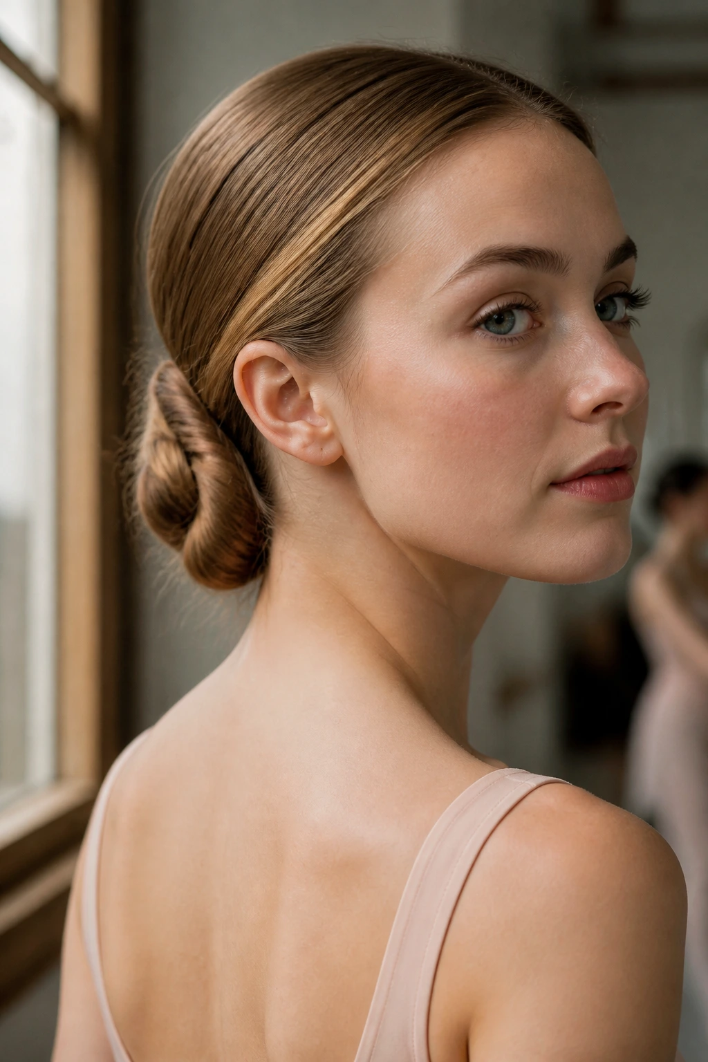 Knotted ballet bun on a real person, close-up portrait