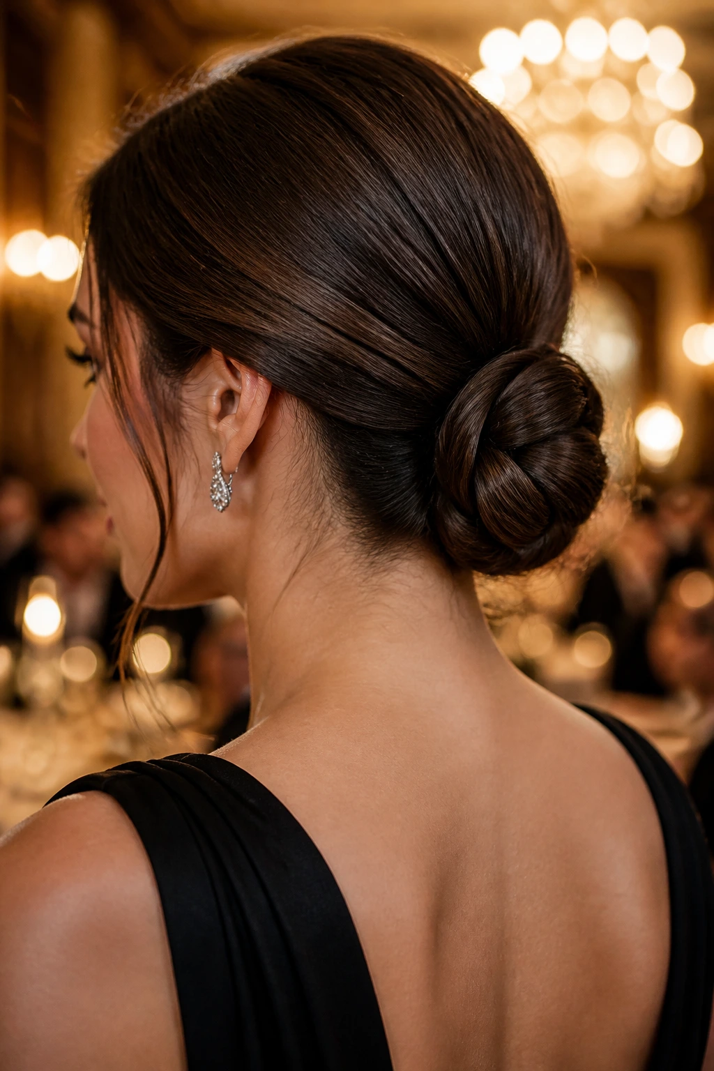 Close-up of a real woman wearing a knotted bun for a formal look.
