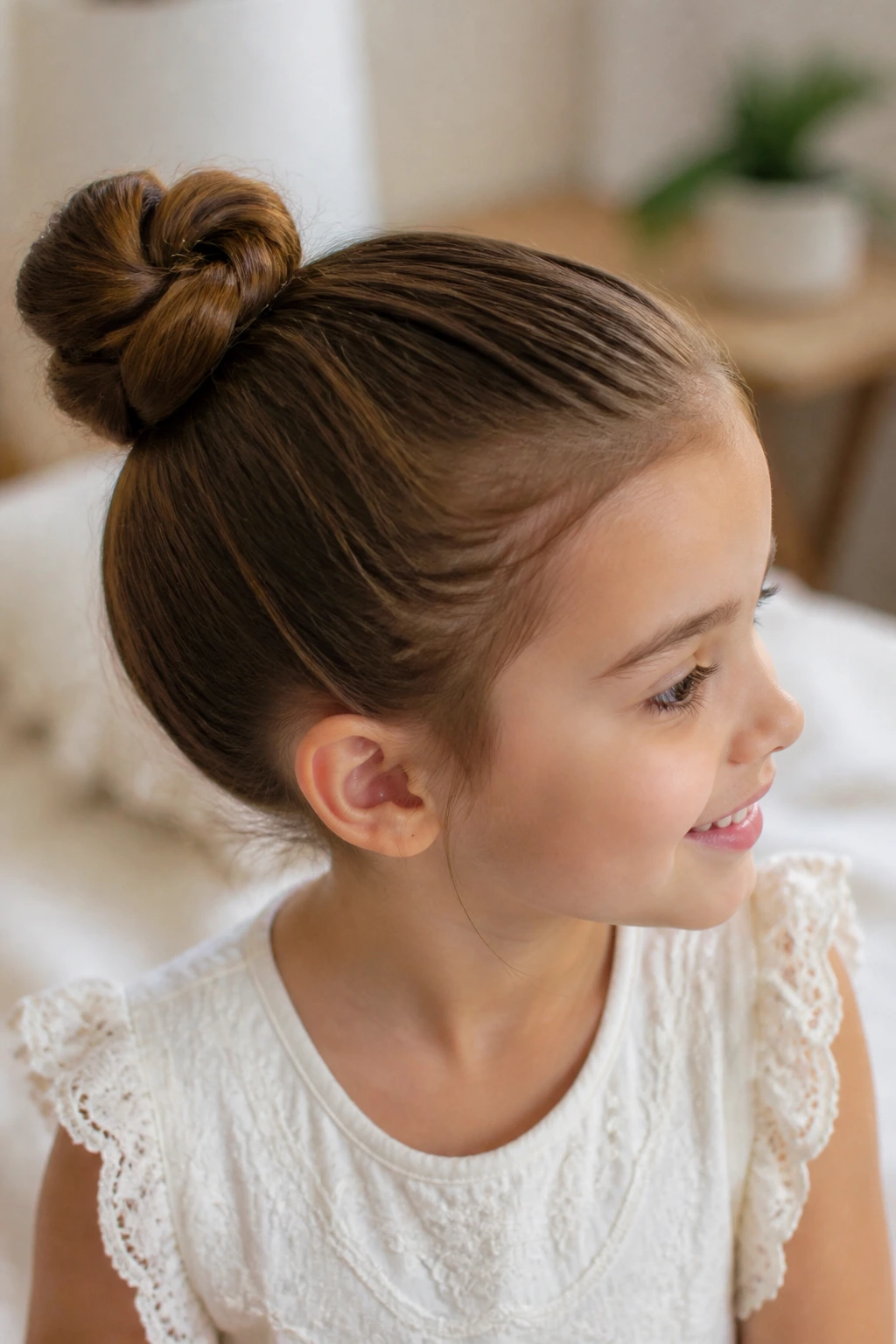 Three-quarter profile of a girl with a knotted bun at the back