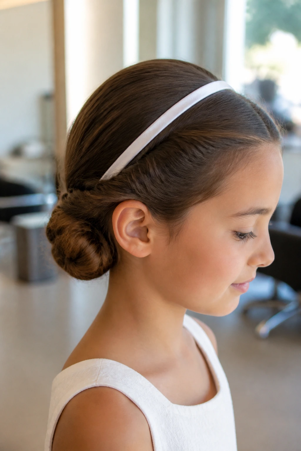 Knotted bun with headband on real child