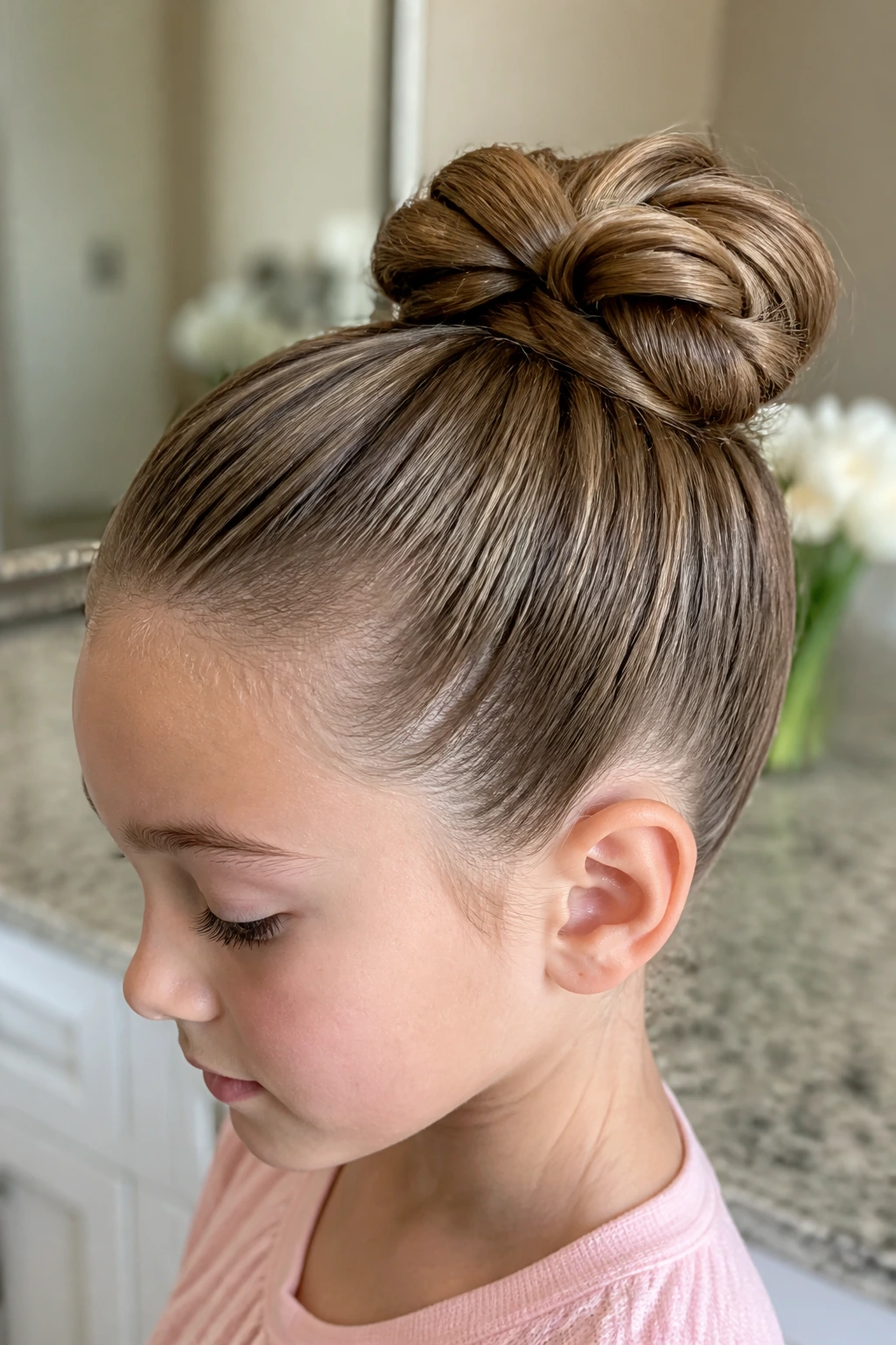 Close-up of a child wearing a knotted bun hairstyle
