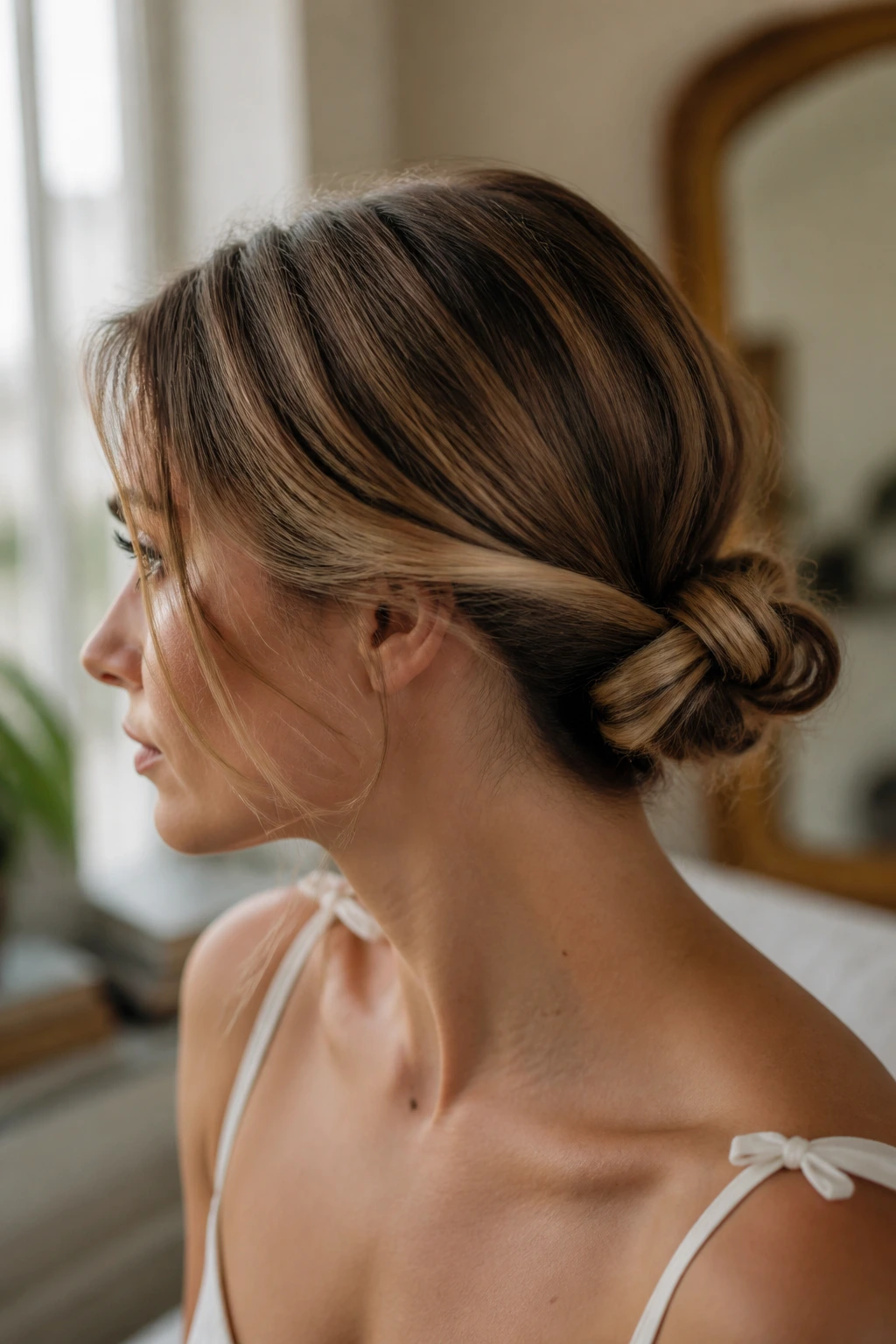 Real woman wearing a knotted bun with two crossed sections at the base.