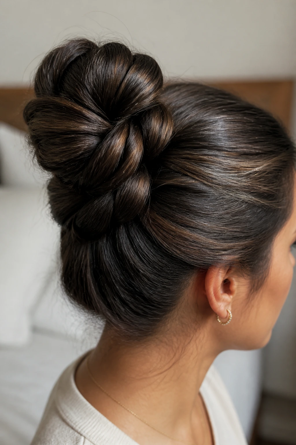 Close-up of a real woman with a knotted bun showing two-section knot and thick hair.