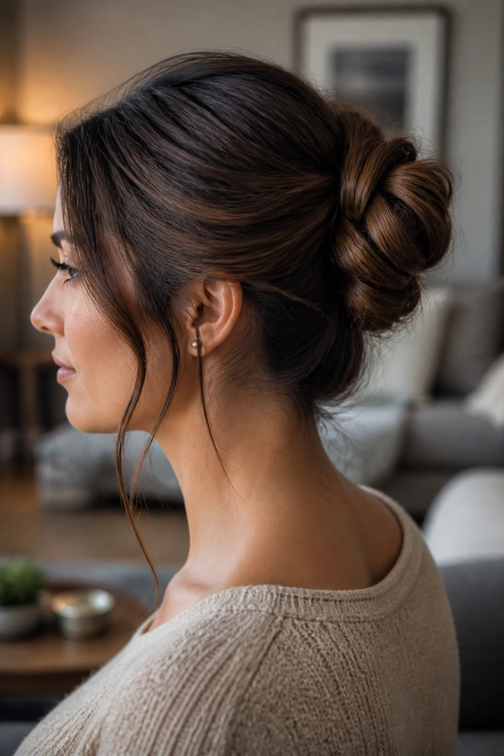 Portrait of a woman with a knot bun on the back of the head
