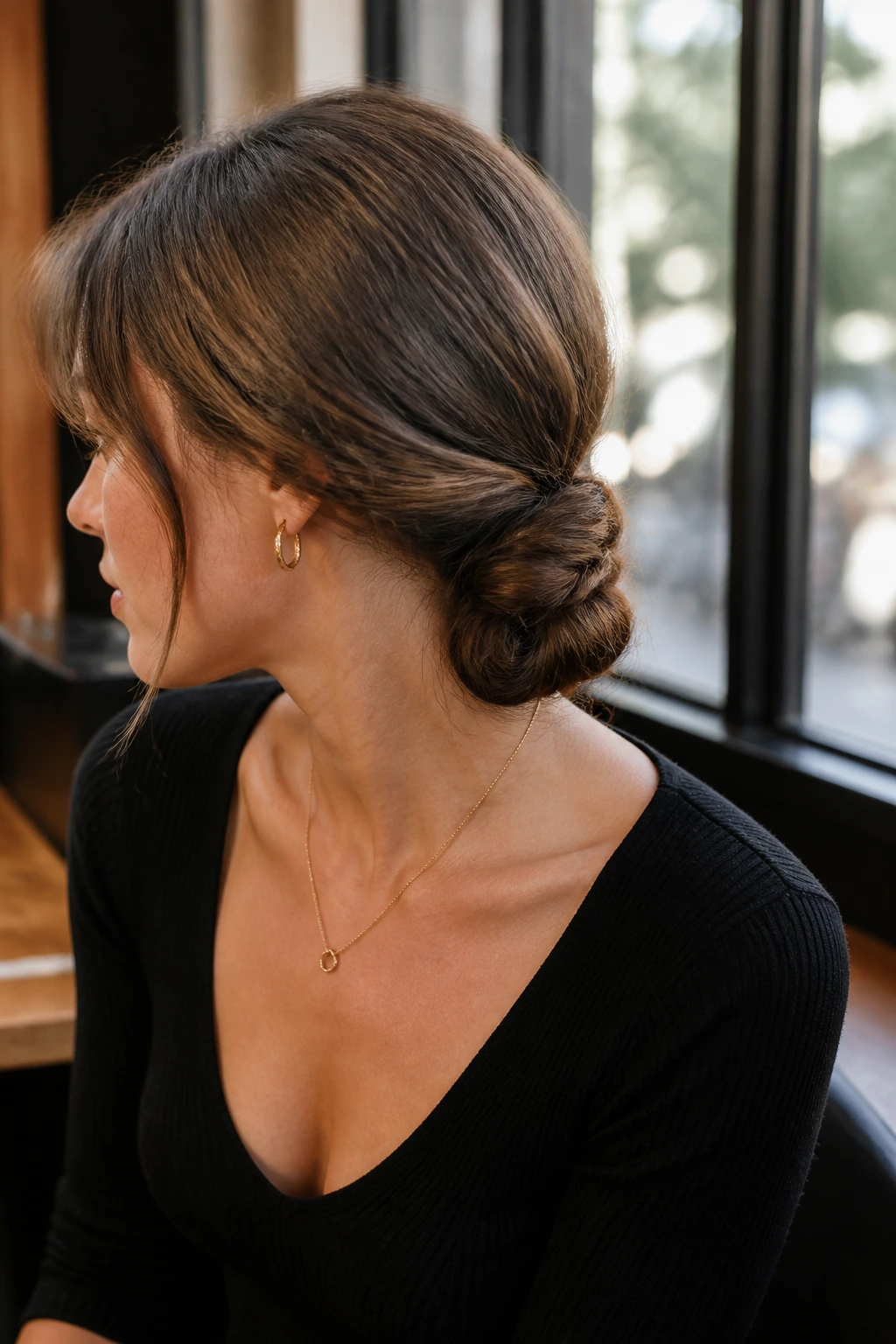Close-up of a real woman wearing a knotted chignon at the nape with a textured, architectural silhouette.
