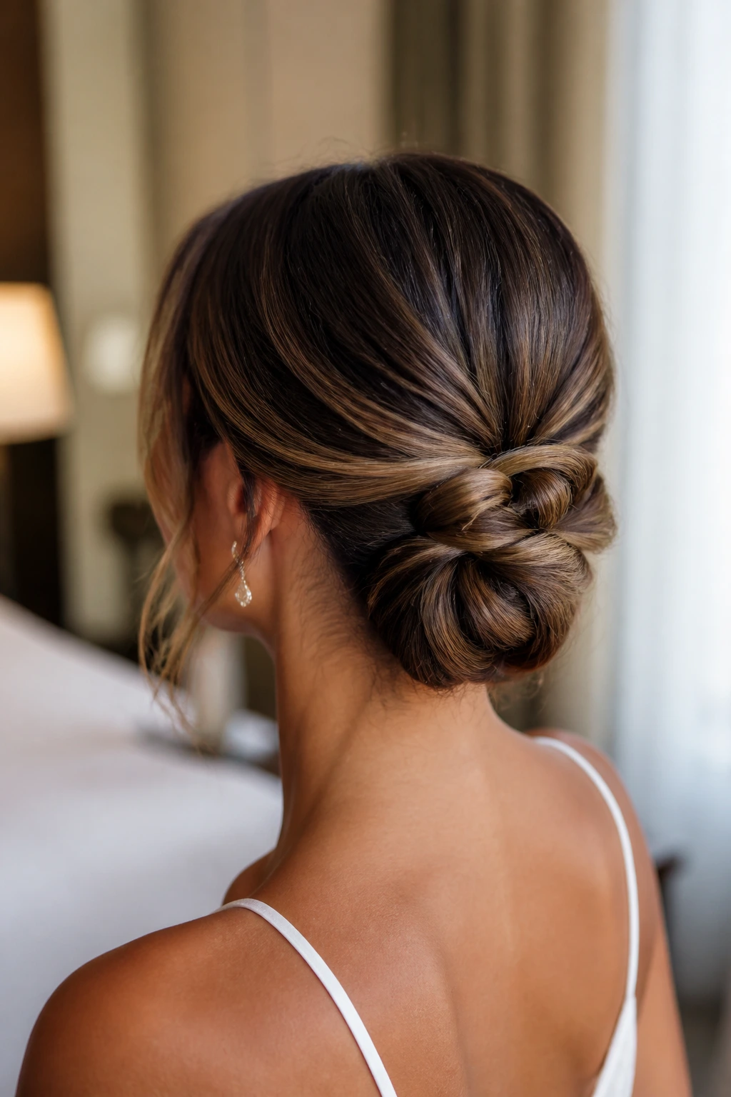 Shoulder-length knotted chignon on real bride