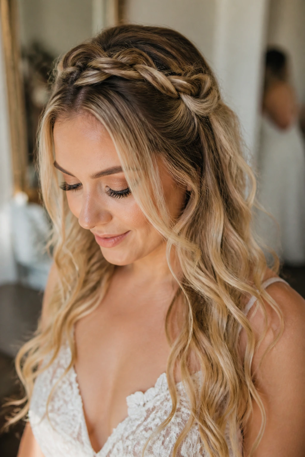 Bride wearing a knotted crown hairstyle with loose length waves.