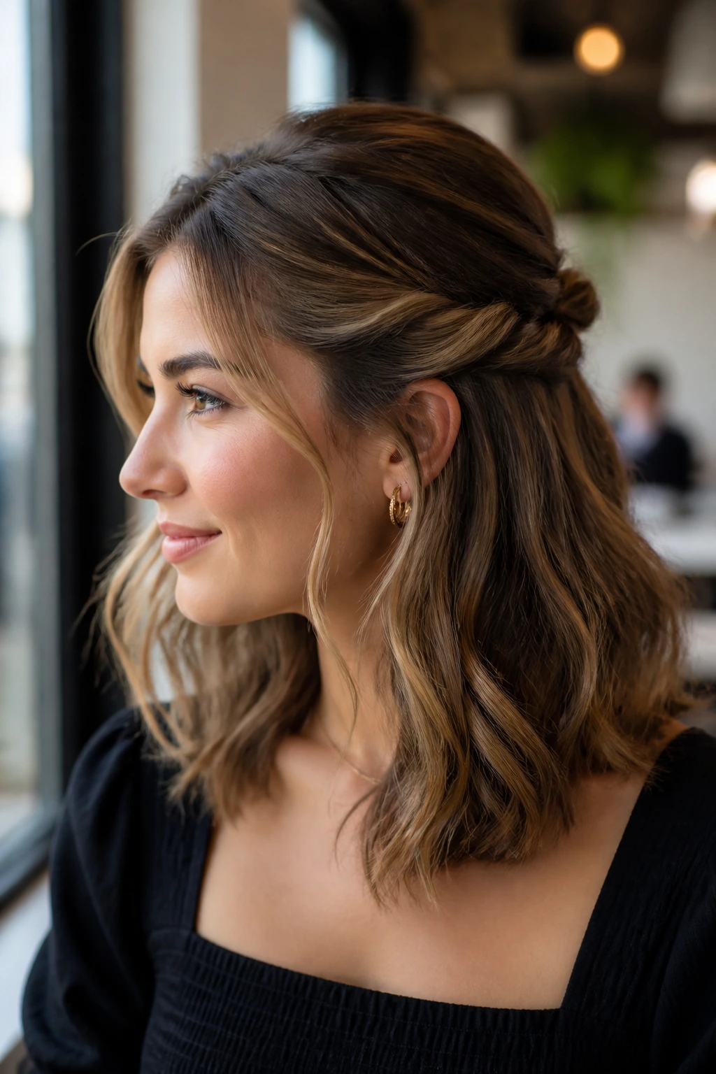 Close-up of a woman with knotted half-up style and soft waves.