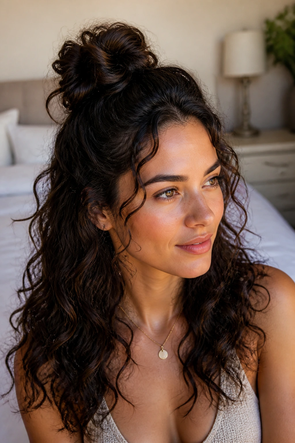 Close-up portrait of a real woman with a knotted half-up bun in soft window light