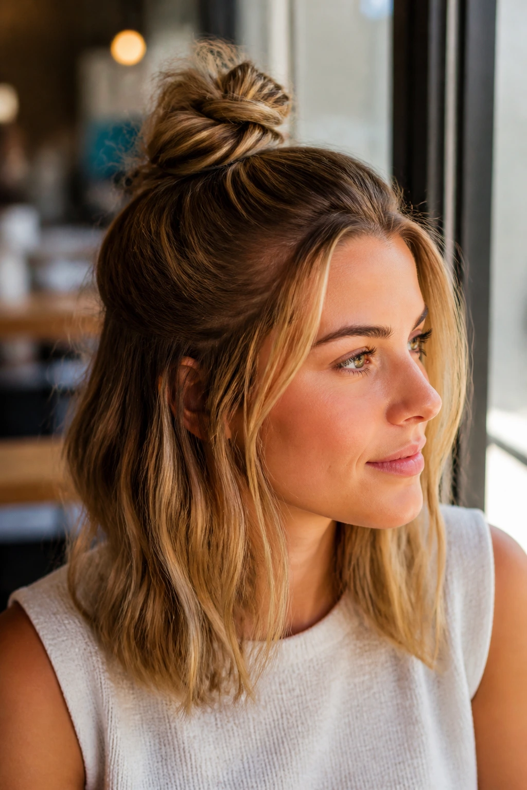 Close-up of a woman with knotted half-up bun in sunny cafe