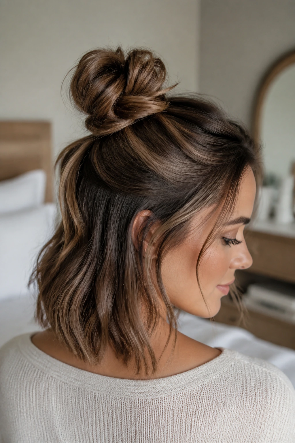 Close-up portrait of a real woman with a knotted half-up bun, crown lift and visible length against a soft bedroom backdrop