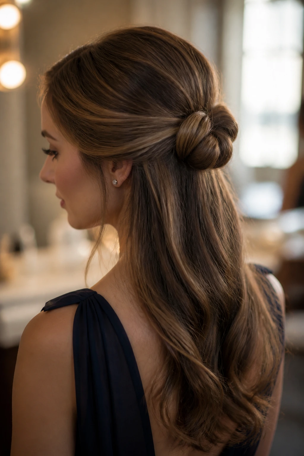 Close-up of a real woman showing a low knotted half-up chignon with smooth, loose hair.