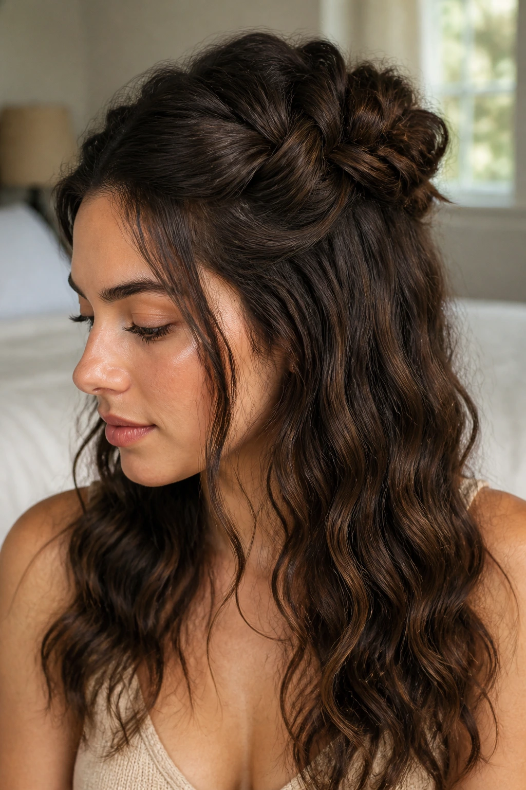 Close-up of a real woman with a knotted half-up crown and loose waves