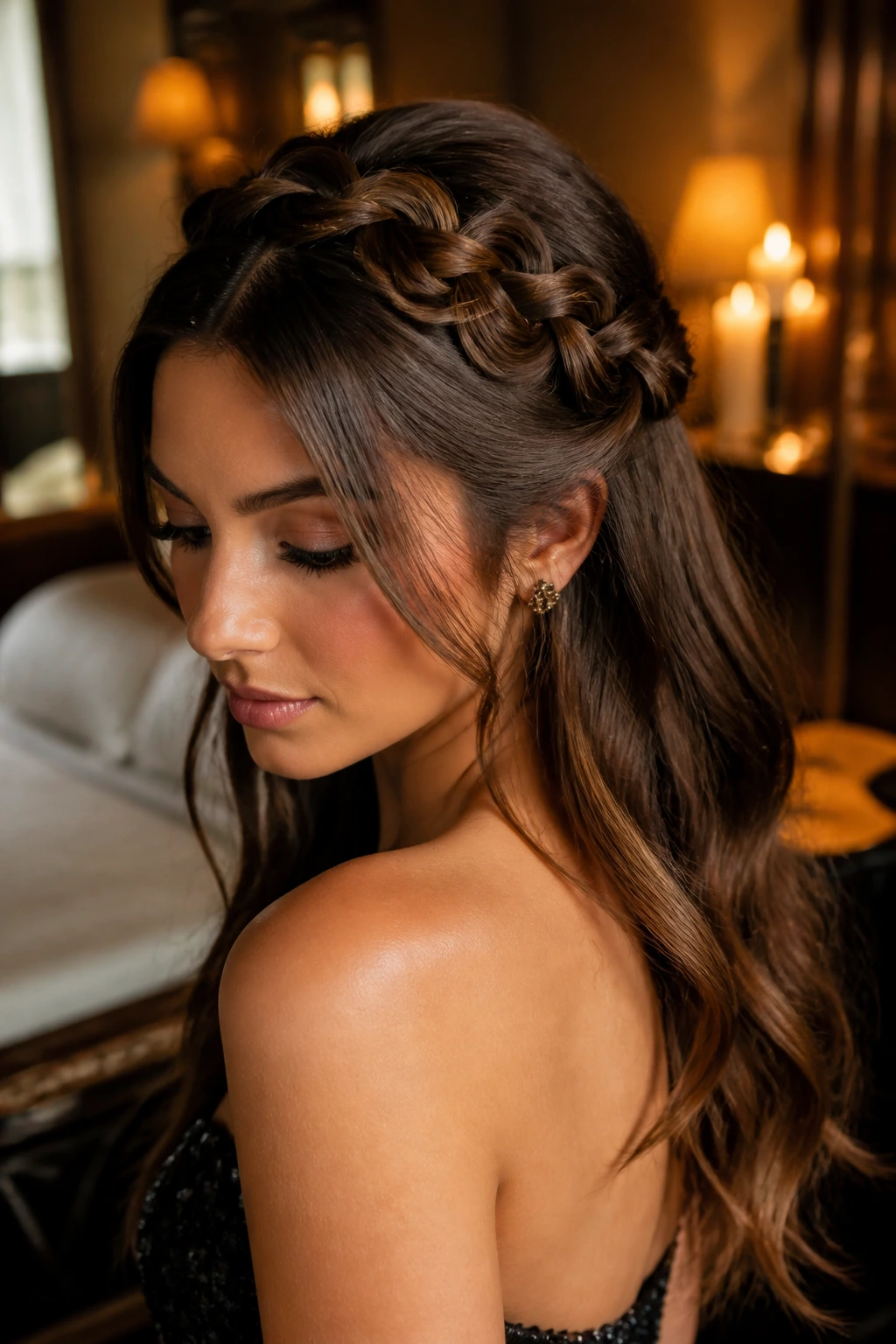 Close-up of a real woman with knotted crown, half-up hairstyle