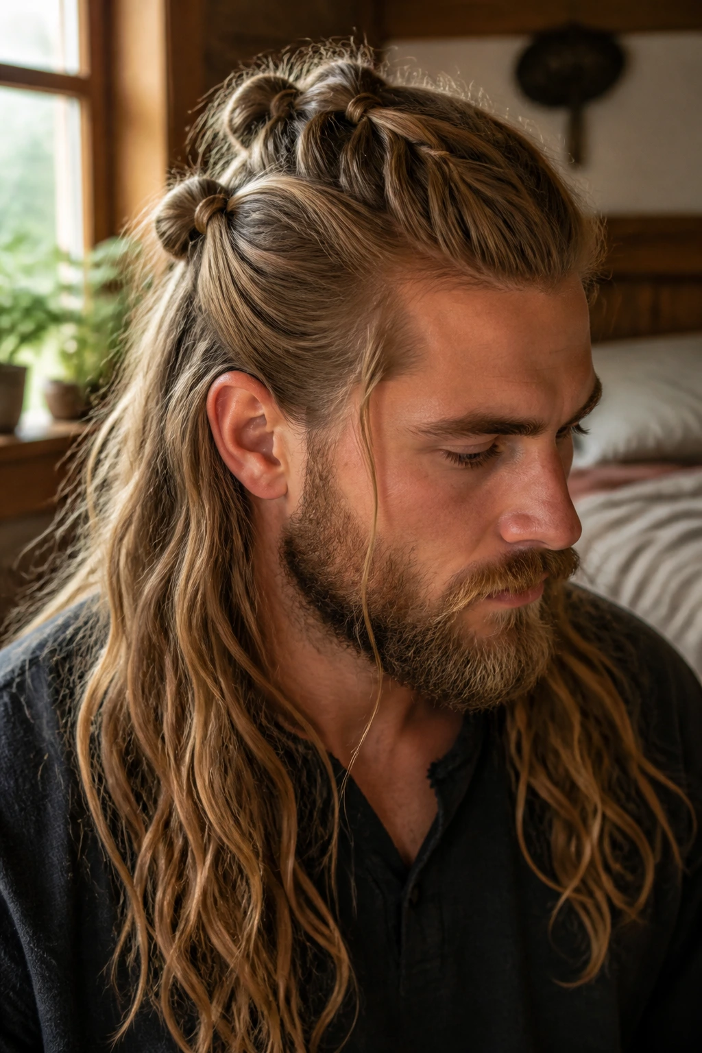 Close-up of Knotted Half-Up Sections hairstyle on a real person in a cozy bedroom