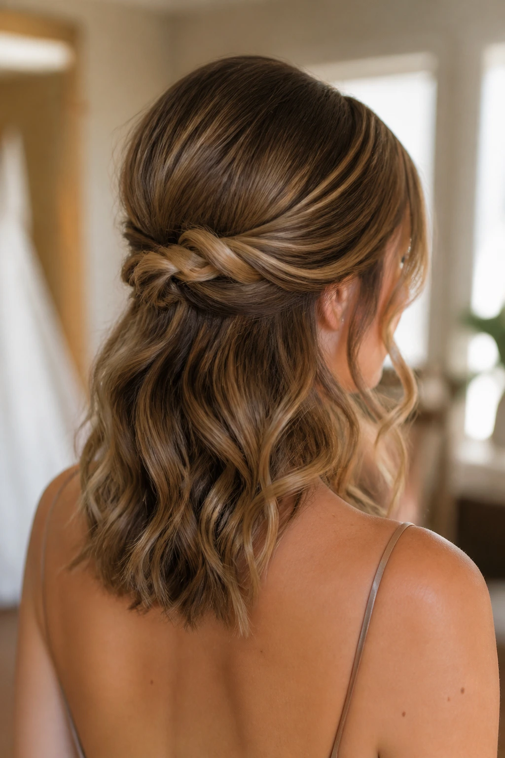 Knotted half-up hairstyle on real person in wedding prep area