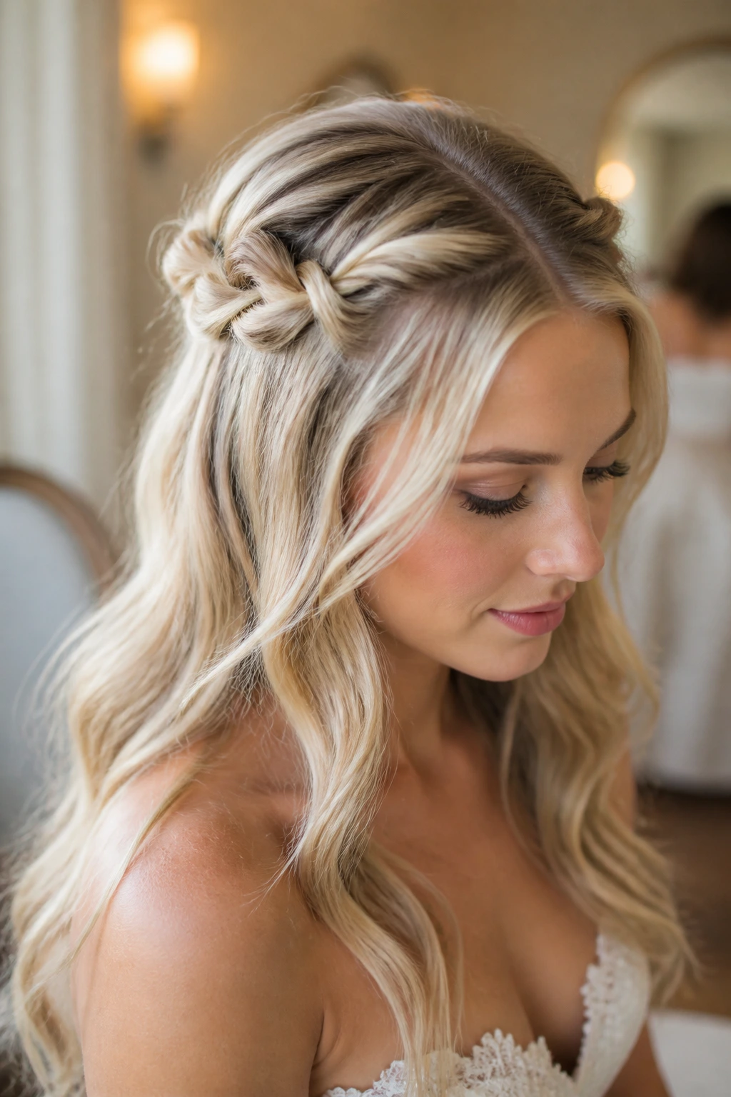 Close-up of a real woman wearing a knotted half-up halo with soft crown knots.