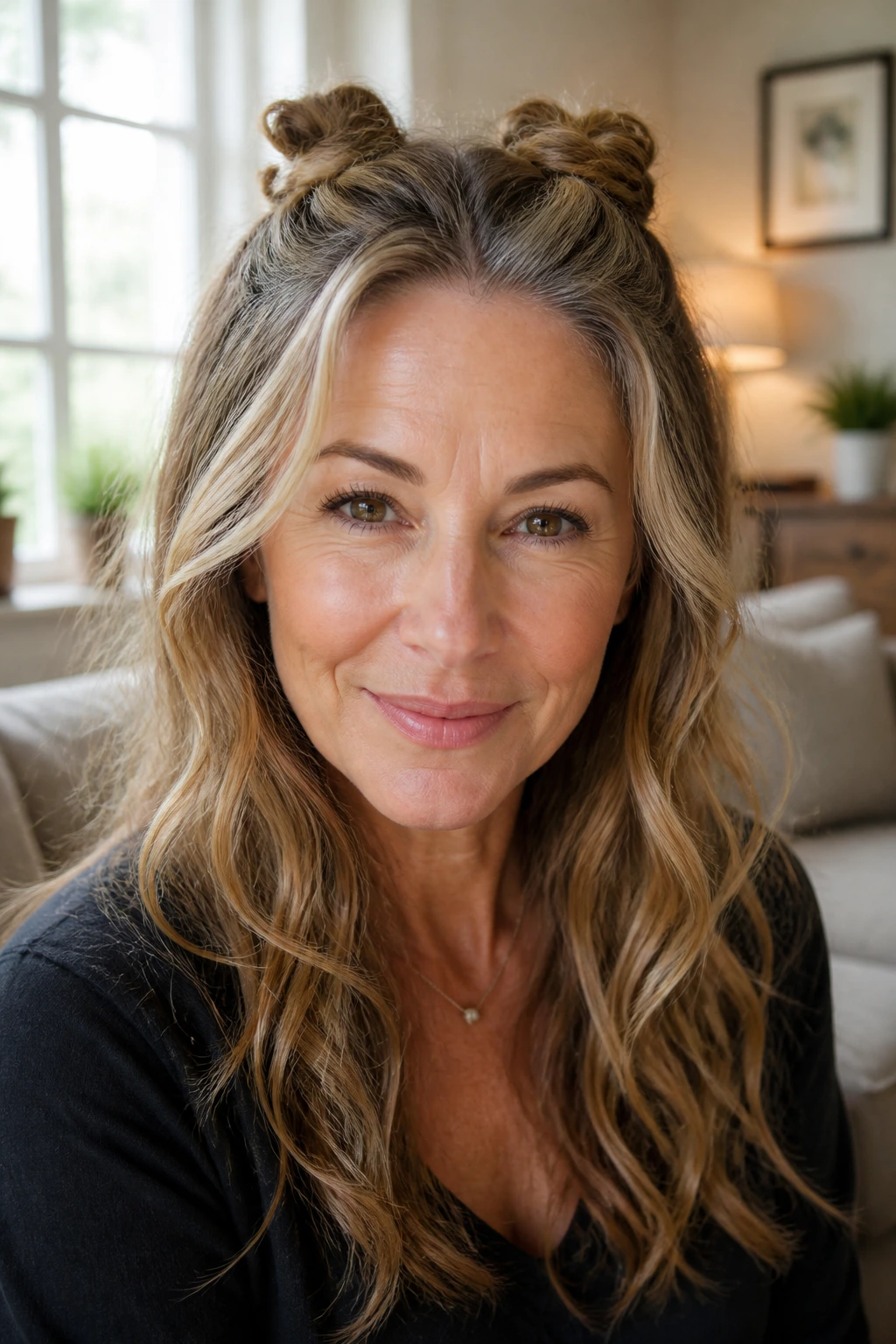 Real woman with a knotted half-up hairstyle