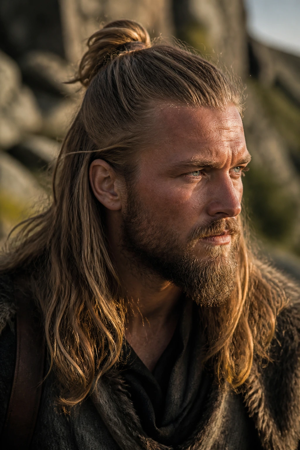 Three-quarter portrait of a man with a knotted half-up warrior tie hairstyle