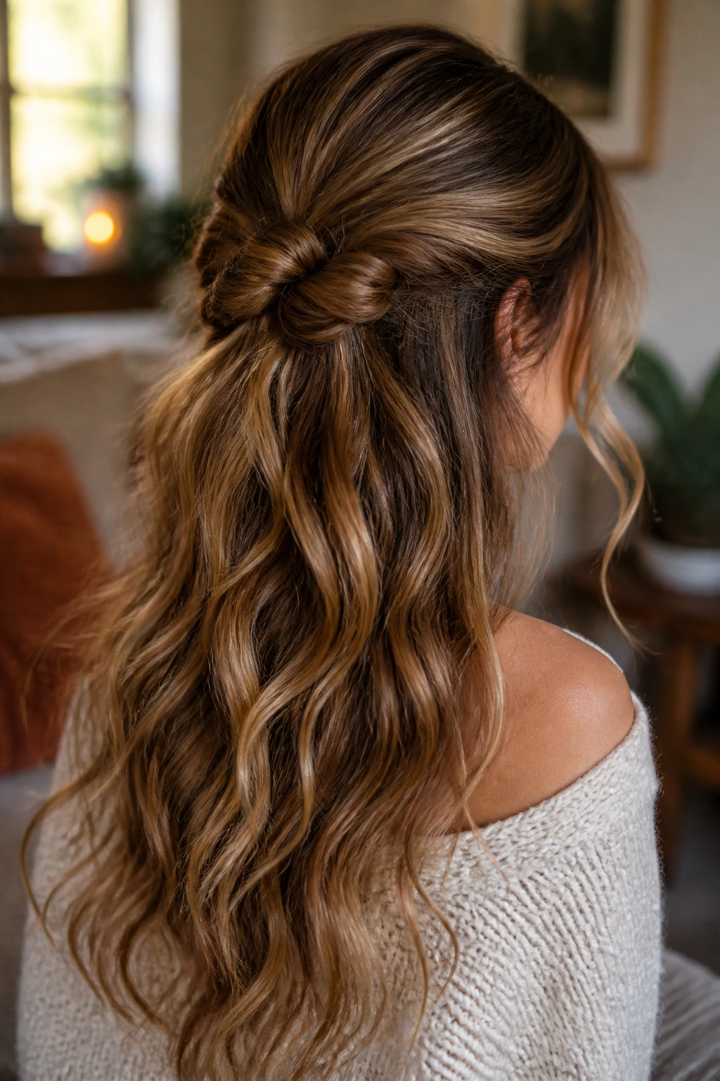 Rear view of a real woman with two knotted sections at the crown