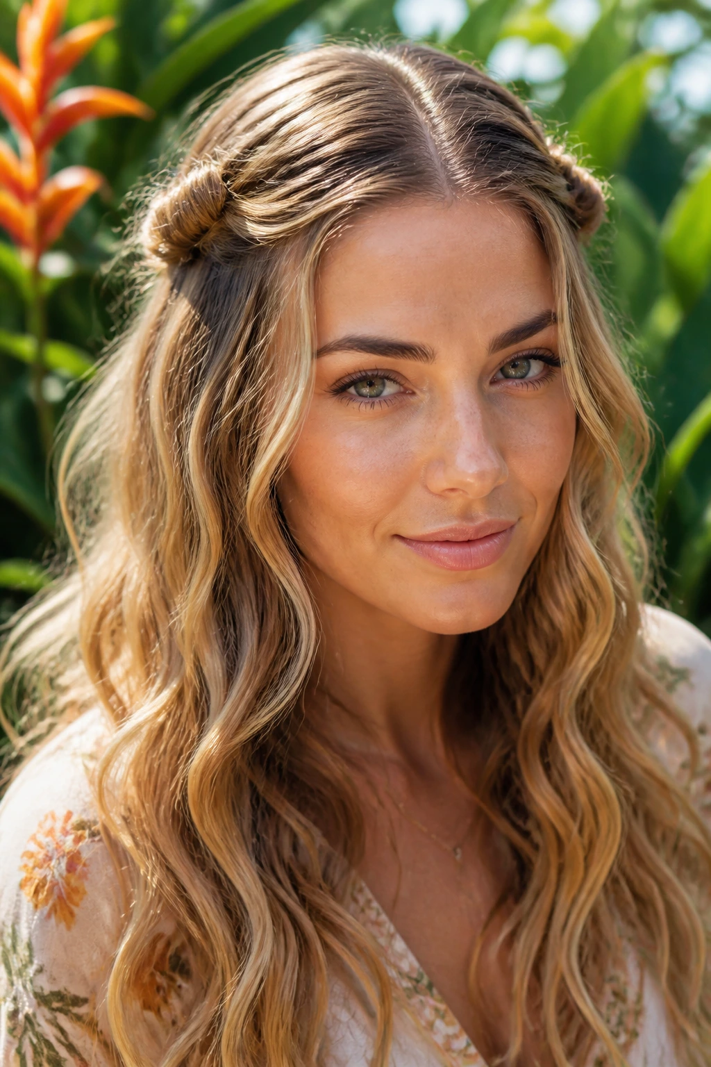 Close-up of a woman with knotted half-up waves in a garden