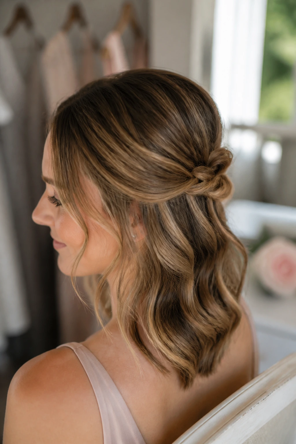 Close-up of a real woman with a knotted half-up knot hairstyle.