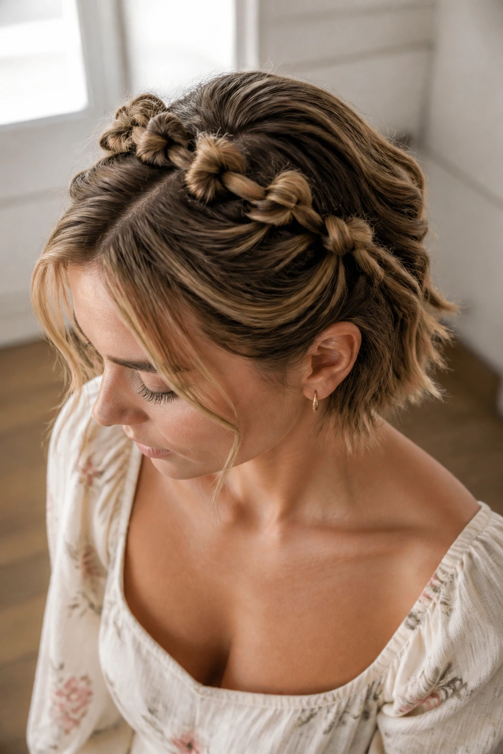 Real person with small knotted halo around the crown