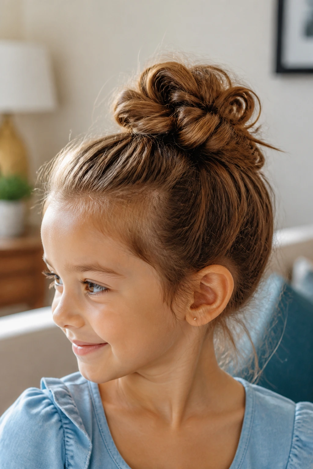 Close-up of a real child with knotted loop bun in a sunny home