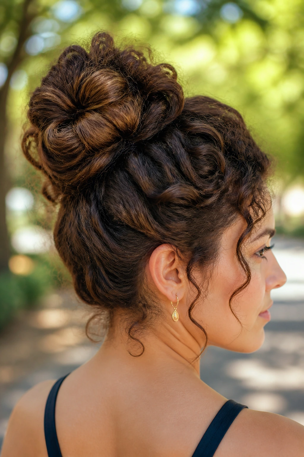 Three-quarter portrait of a woman with a knotted loop bun and soft finish.