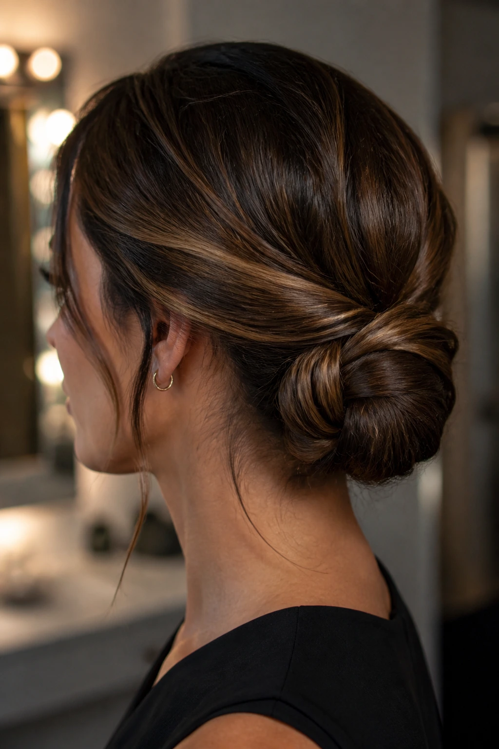 Close-up of a woman with a knotted low bun at the nape