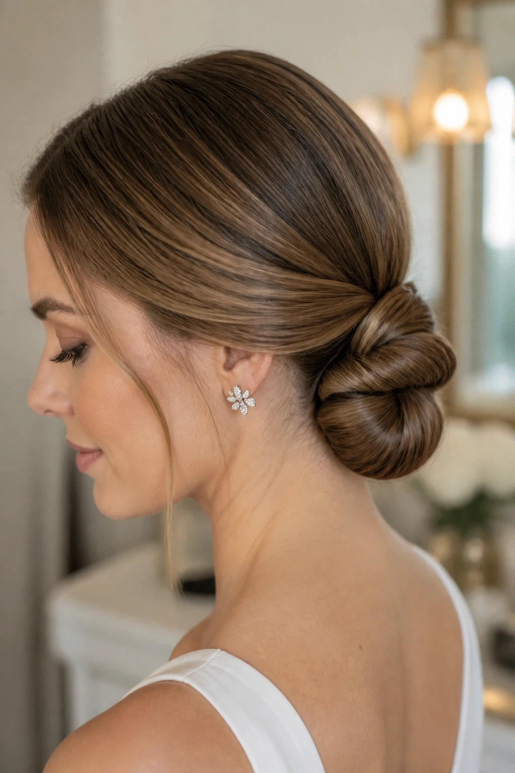 Close-up of a woman showcasing a knotted low bun hairstyle