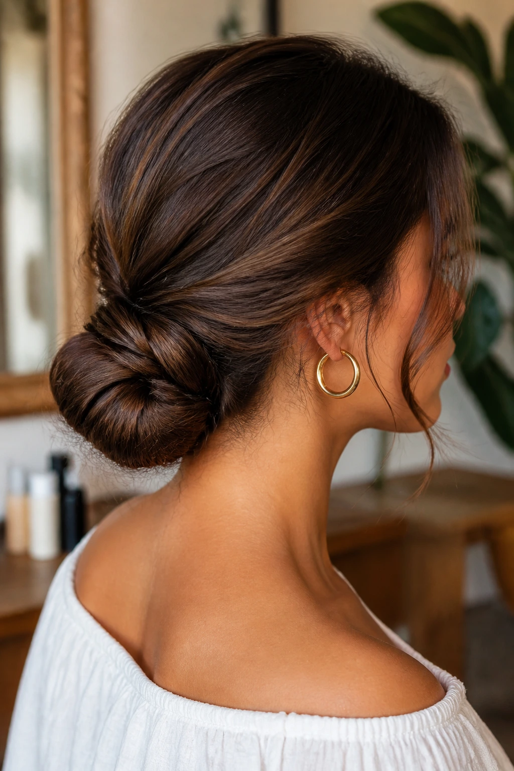Real woman with knotted low bun for thick hair, close-up portrait.