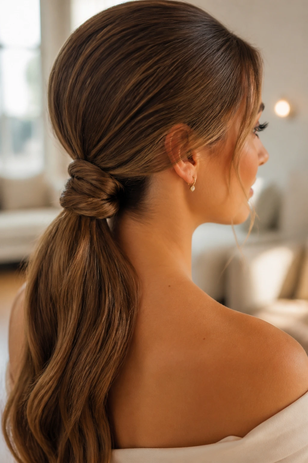 Close-up of real woman with knotted low ponytail at the nape in a bridal suite