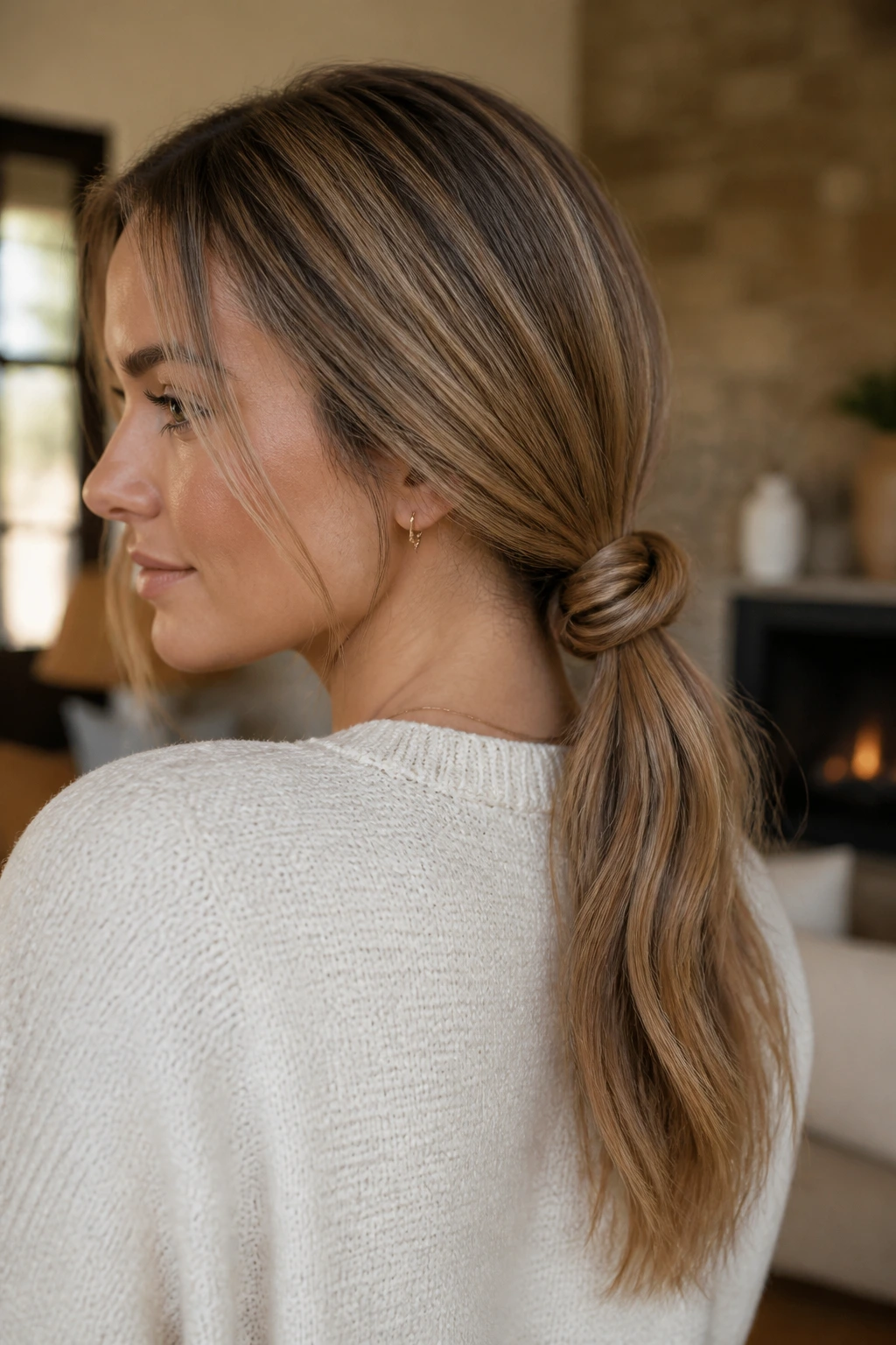 Close-up of a real woman showing a knotted low ponytail