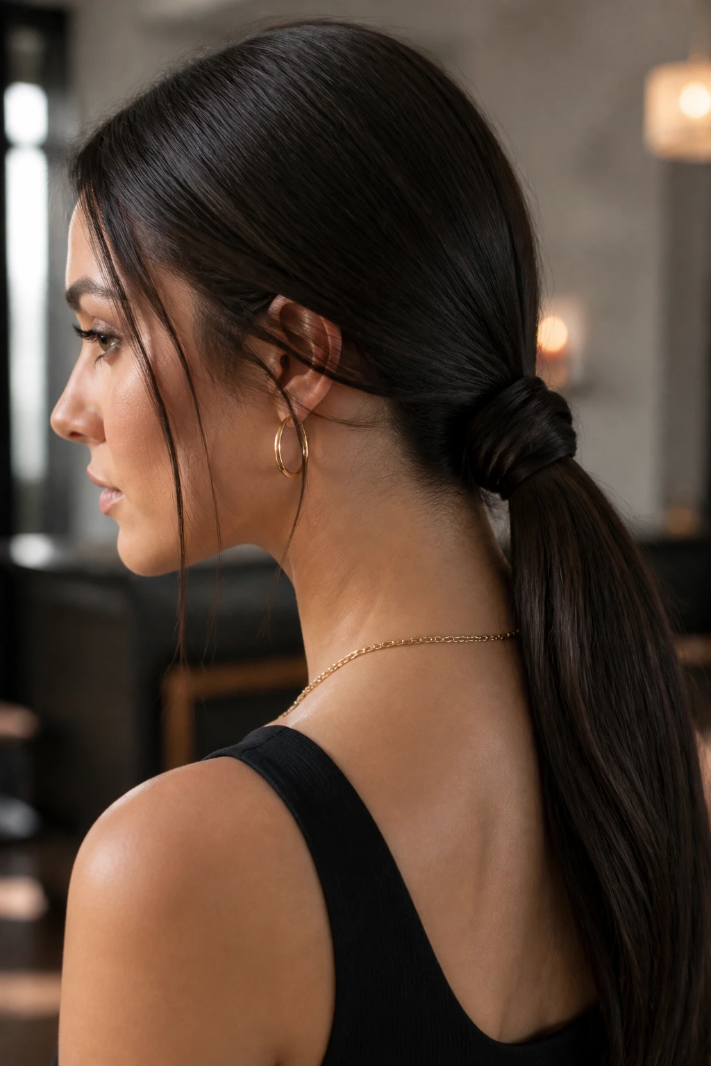 Close-up of a real person showing a knotted low ponytail at the nape with a compact knot.