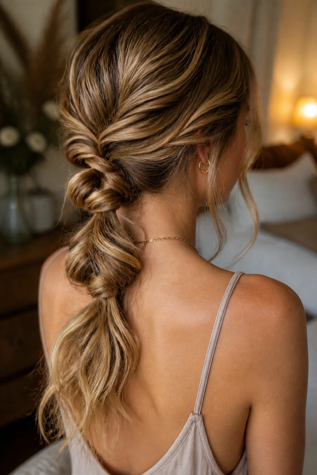 Back view of a real person with a Knotted Low Ponytail Updo in warm light.