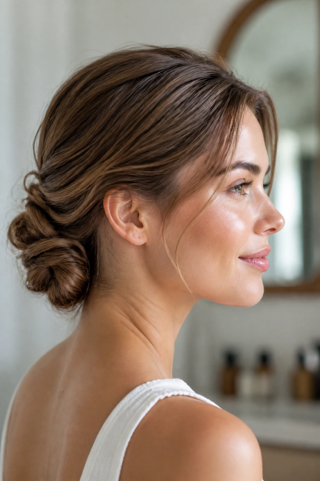 Close-up of knotted nape bun with hidden pins on real person