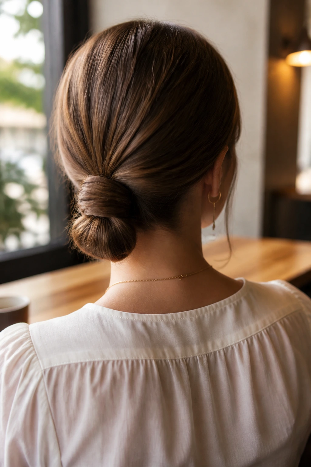 Rear view of real woman with knotted nape ponytail