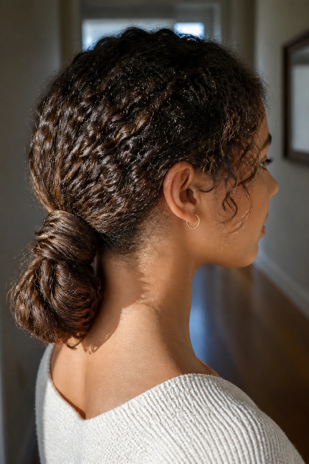 Real woman with a knotted low pony at the nape, natural light in a cozy hallway.