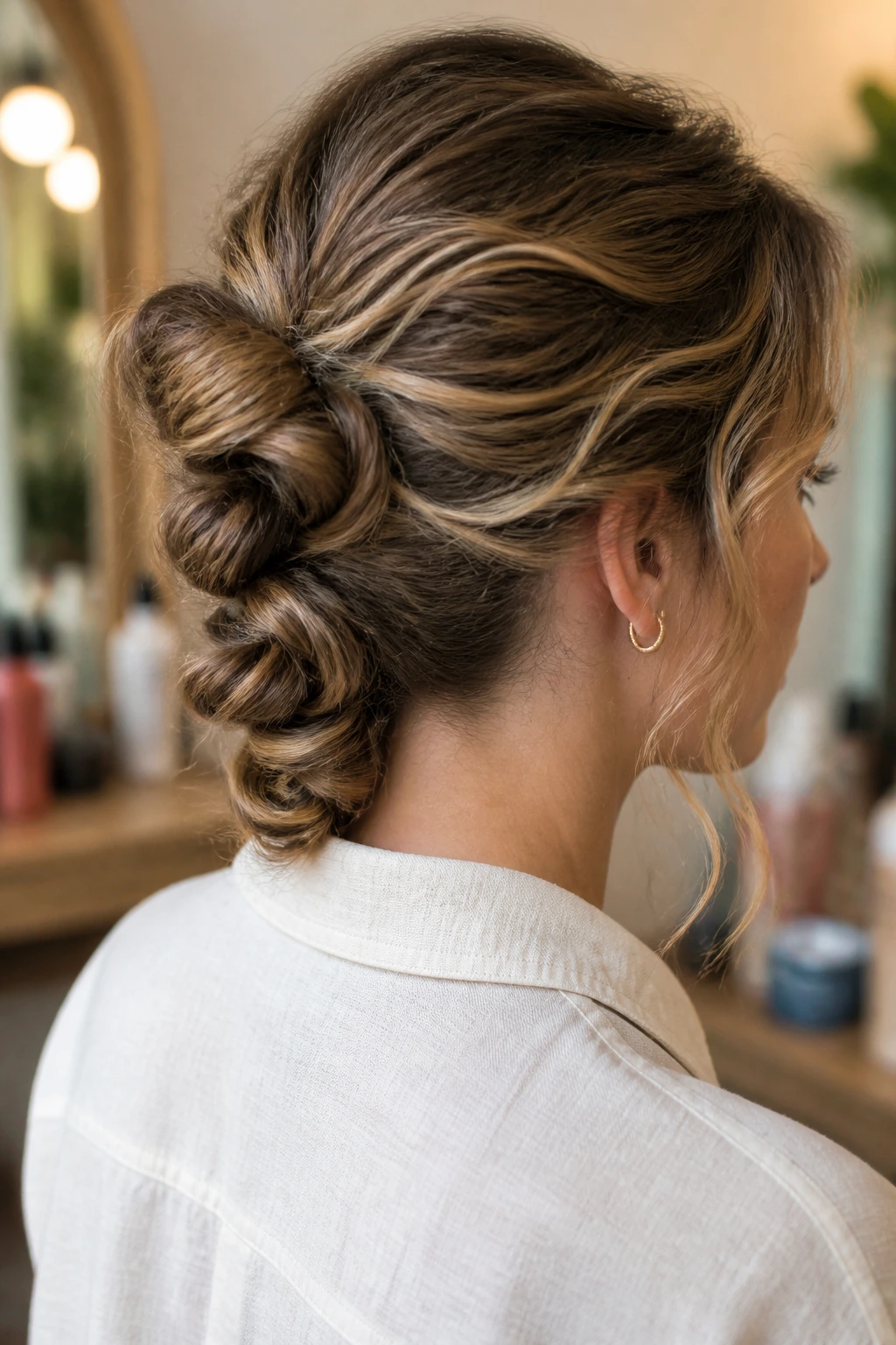 Close-up of a real woman with knotted pony updo featuring knots along the back