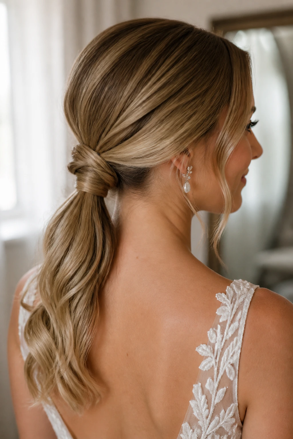 Close-up of a real bride with a Knotted Low Ponytail showing a loose knot at the nape