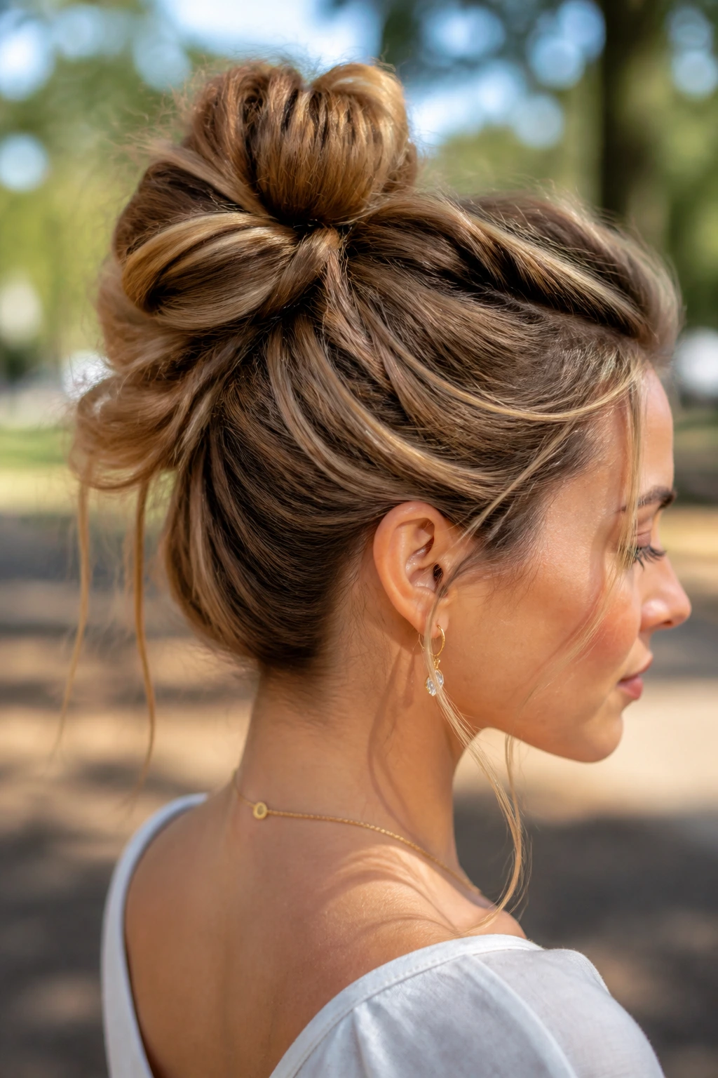Close-up of knotted ponytail bun on real woman with textured lengths