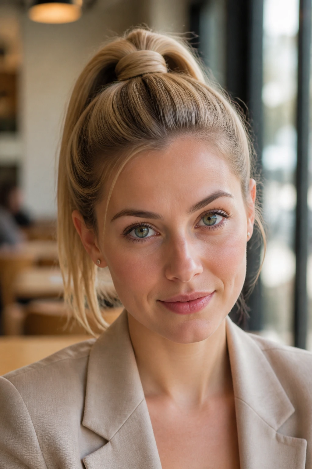 Close-up of a real woman showing a knotted ponytail at the crown in a cafe setting