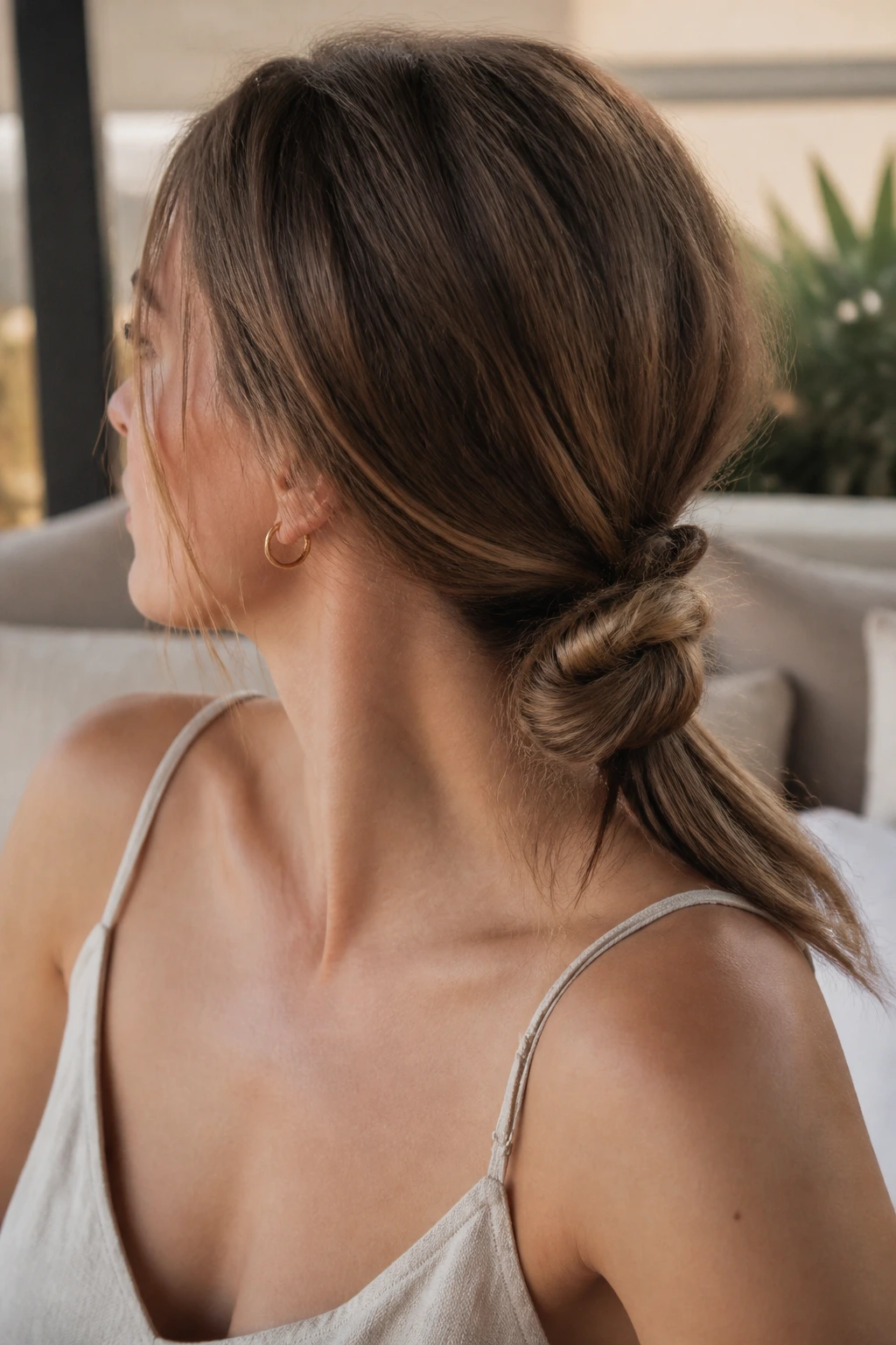 Close-up of a real woman sporting a knotted ponytail with a relaxed, textured knot