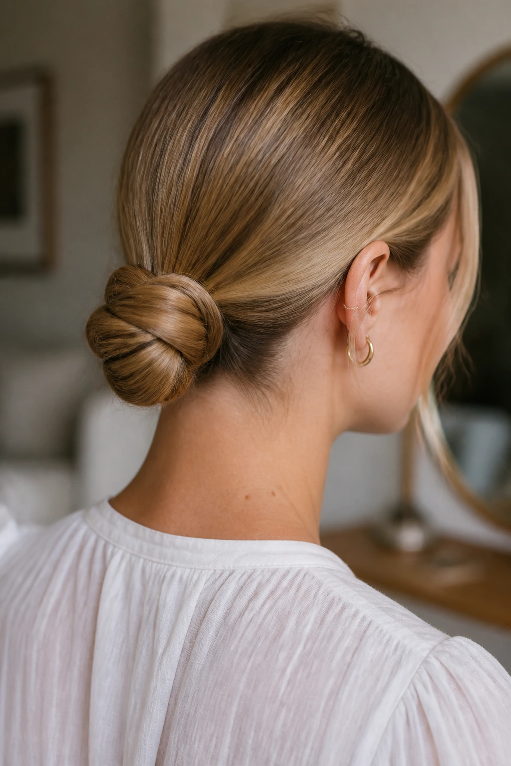 Close-up of a real woman with a knotted low ponytail bun