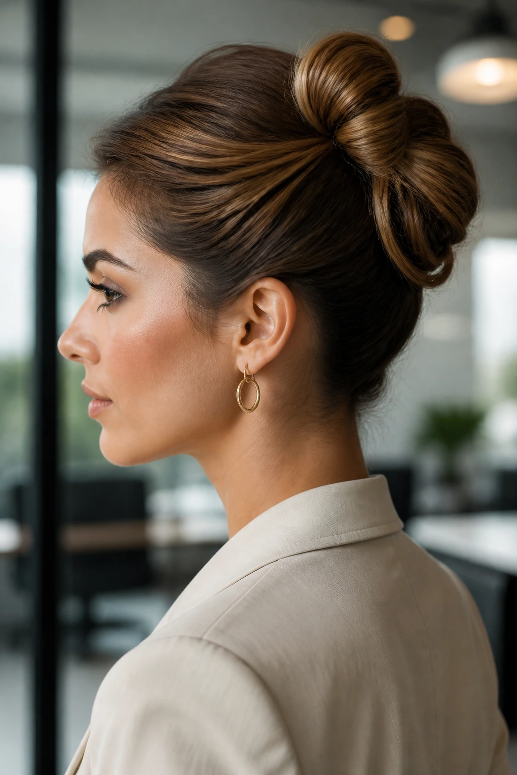 Close-up portrait of a woman with a knotted ponytail updo