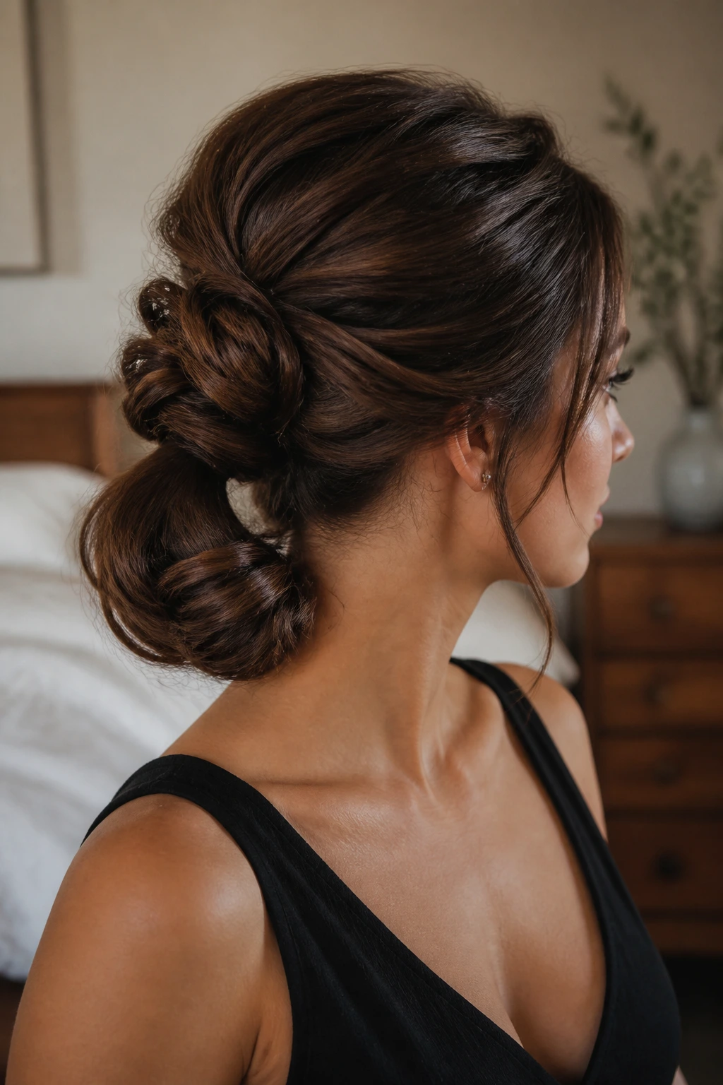 Close-up of a real woman with a knotted ponytail updo