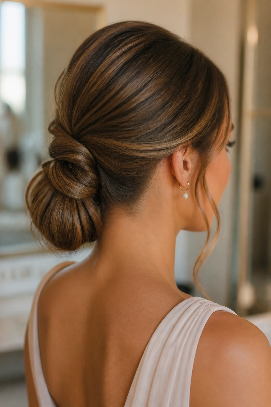 Close-up of a real woman wearing a knotted ponytail updo in a softly lit bridal suite